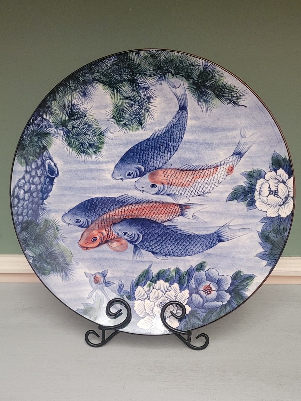 Vintage Japanese Koi Fish Lotus Ceramic Plate - Blue & Orange 12½ inches wide